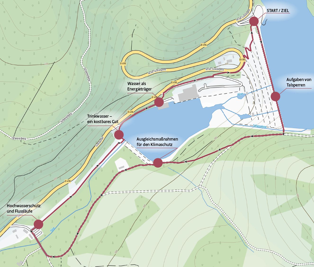 Übersichtskarte des Klimalehrpfades Wasser mit eingezeichneten Aktivstationen.
