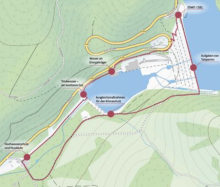 Übersichtskarte des Klimalehrpfades Wasser mit eingezeichneten Aktivstationen.