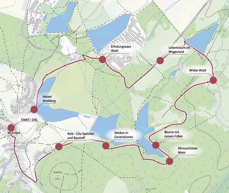 Übersichtskarte des Harzer Klimalehrpfades Wald mit eingezeichneten Aktivstationen.