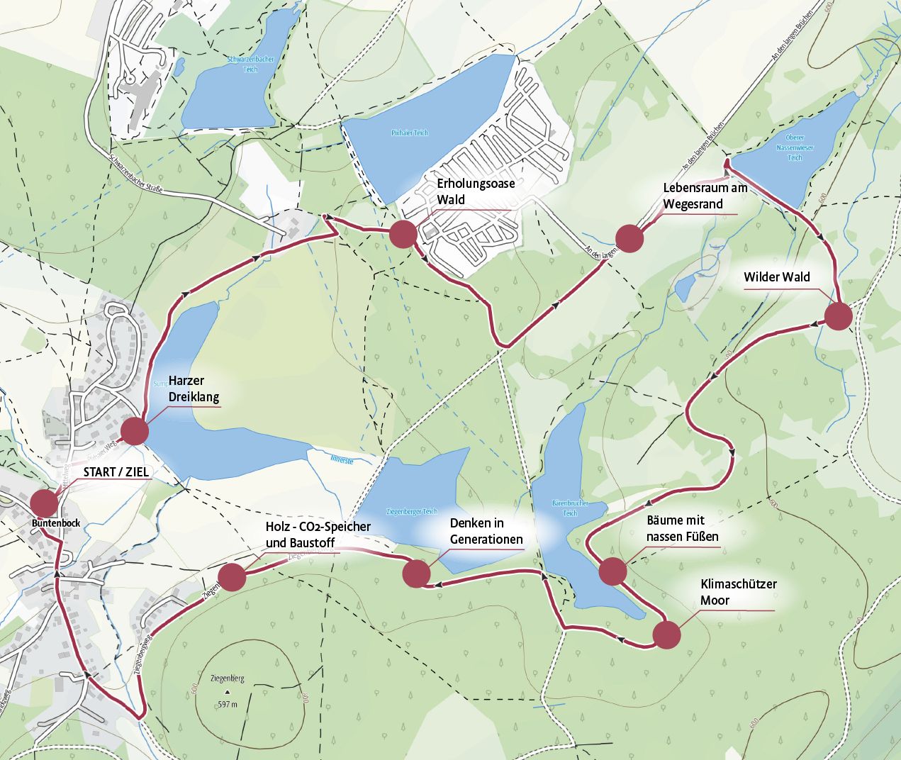 Übersichtskarte des Harzer Klimalehrpfades Wald mit eingezeichneten Aktivstationen.